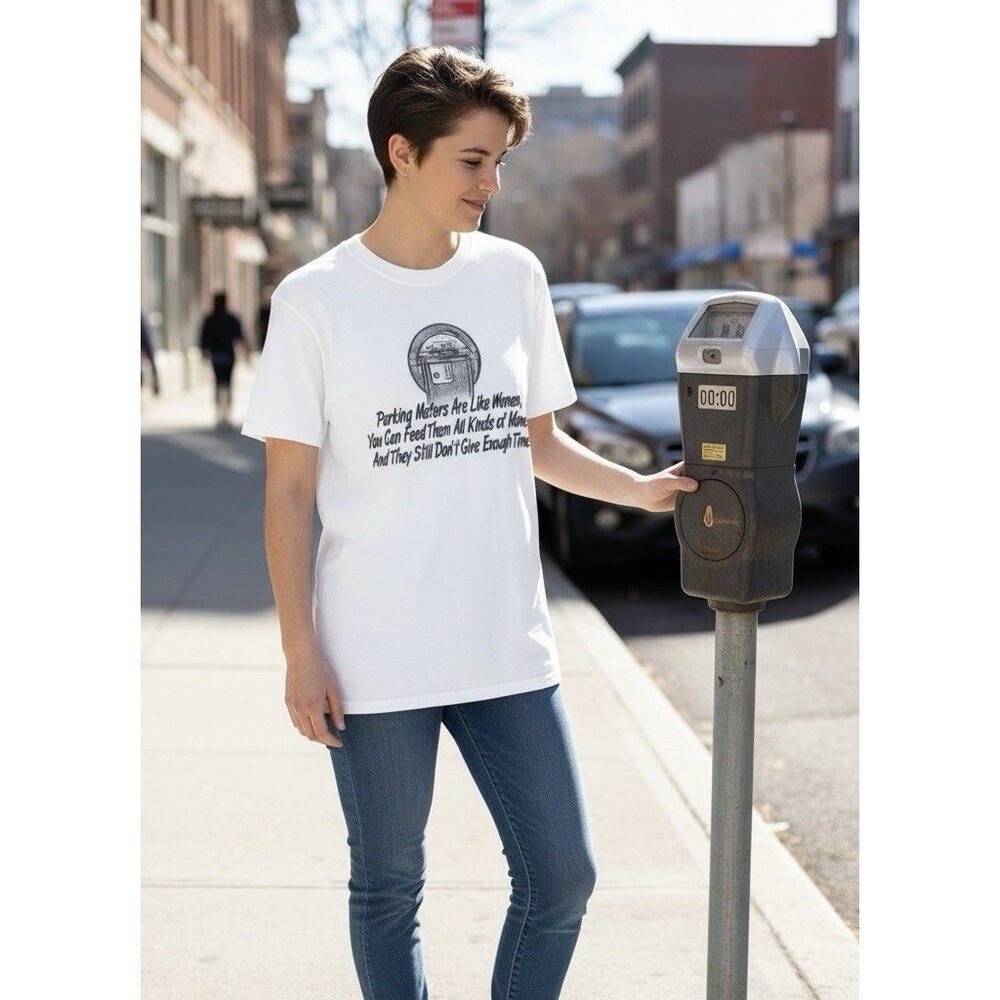 Hanes Sz L Funny Parking Meter Graphic T Shirt White 100% Cotton Humor T-shirt